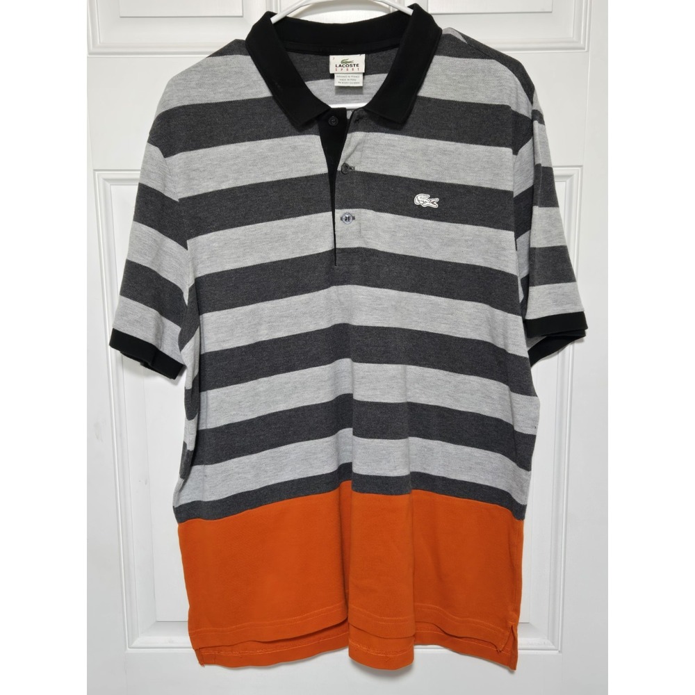 Lacoste Sport Multicolor Striped Short Sleeve Mens Polo Shirt Size 7 Gray Orange